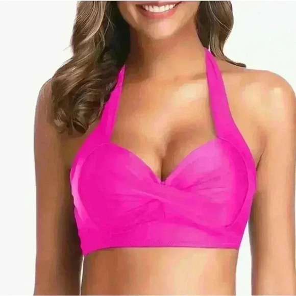 Thick Band Push Up Halter Padded Bikini Swimsuit Top Hot Pink NWT Size 20W - Picture 1 of 9